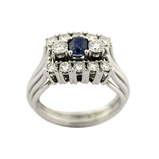 Ring aus 585 Weißgold mit Saphir und Brillant, hochwertiger second hand Schmuck perfekt aufgearbeitet