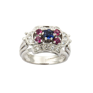 Ring aus 585 Weißgold mit Saphir, Rubin und Diamant, nachhaltiger second hand Schmuck perfekt aufgearbeitet