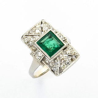 Ring aus 750 Weißgold mit Smaragd und Diamant, nachhaltiger second hand Schmuck perfekt aufgearbeitet