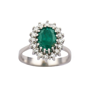 Smaragdring aus 585 Weißgold mit Brillant, nachhaltiger second hand Schmuck perfekt aufgearbeitet