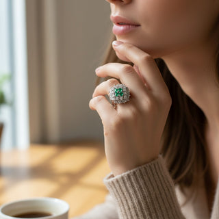 Smaragdring aus 750 Weißgold mit Diamant und Brillant, nachhaltiger second hand Schmuck perfekt aufgearbeitet