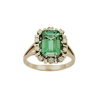 Ring aus 585 Weißgold mit Turmalin und Brillant, nachhaltiger second-hand Schmuck perfekt aufgearbeitet