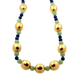 Lapislazulikette Kleopatra mit Kugeln aus Gelbgold und Aventurin, nachhaltiger second-hand Schmuck perfekt aufgearbeitet