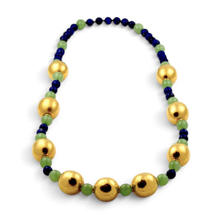 Lapislazulikette Kleopatra mit Kugeln aus Gelbgold und Aventurin, nachhaltiger second-hand Schmuck perfekt aufgearbeitet