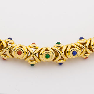 Tabbah Collier aus 750 Gelbgold mit Koralle, Lapislazuli und Achat, hochwertiger second hand Schmuck perfekt aufgearbeitet