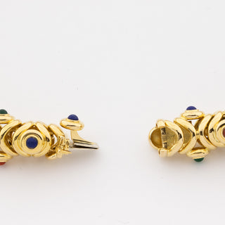 Tabbah Collier aus 750 Gelbgold mit Koralle, Lapislazuli und Achat, hochwertiger second hand Schmuck perfekt aufgearbeitet