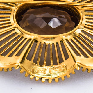 Theodor Fahrner Brosche aus 925 Silber vergoldet mit Rauchquarz und Markasit, nachhaltiger second hand Schmuck perfekt aufgearbeitet