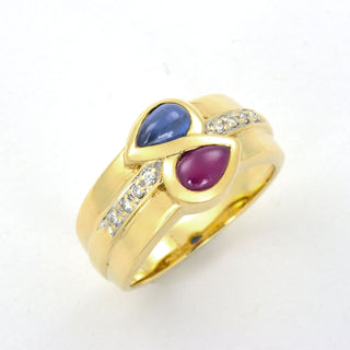 Toi-et-Moi Ring aus 585 Gelbgold mit Rubin, Saphir und Brillant, nachhaltiger second hand Schmuck perfekt aufgearbeitet