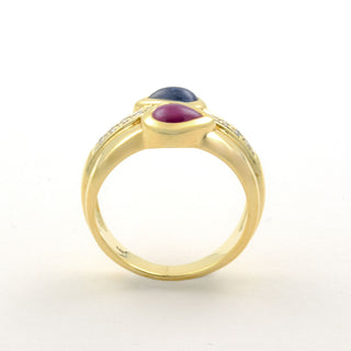 Toi-et-Moi Ring aus 585 Gelbgold mit Rubin, Saphir und Brillant, nachhaltiger second hand Schmuck perfekt aufgearbeitet