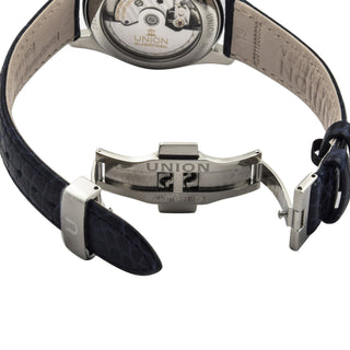 Union Glashütte Herrenarmbanduhr Automatik mit Datumsanzeige und Sichtboden, Schnellschaltung und Zentralsekunde, gebrauchte Luxusuhr im Top-Zustand