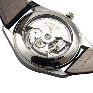 Union Glashütte Herrenarmbanduhr Automatik mit Datumsanzeige und Sichtboden, Schnellschaltung und Zentralsekunde, gebrauchte Luxusuhr im Top-Zustand