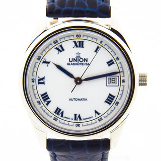 Union Glashütte Herrenarmbanduhr Automatik mit Datumsanzeige und Sichtboden, Schnellschaltung und Zentralsekunde, gebrauchte Luxusuhr im Top-Zustand