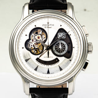 Zenith El Primero Open Automatik mit Chronograph, Panoramadatum , Sichtboden, Kleine Sekunde und Gangreserveanzeige, gebrauchte Luxusuhr im Top-Zustand