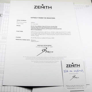 Zenith El Primero Open Automatik mit Chronograph, Panoramadatum , Sichtboden, Kleine Sekunde und Gangreserveanzeige, gebrauchte Luxusuhr im Top-Zustand