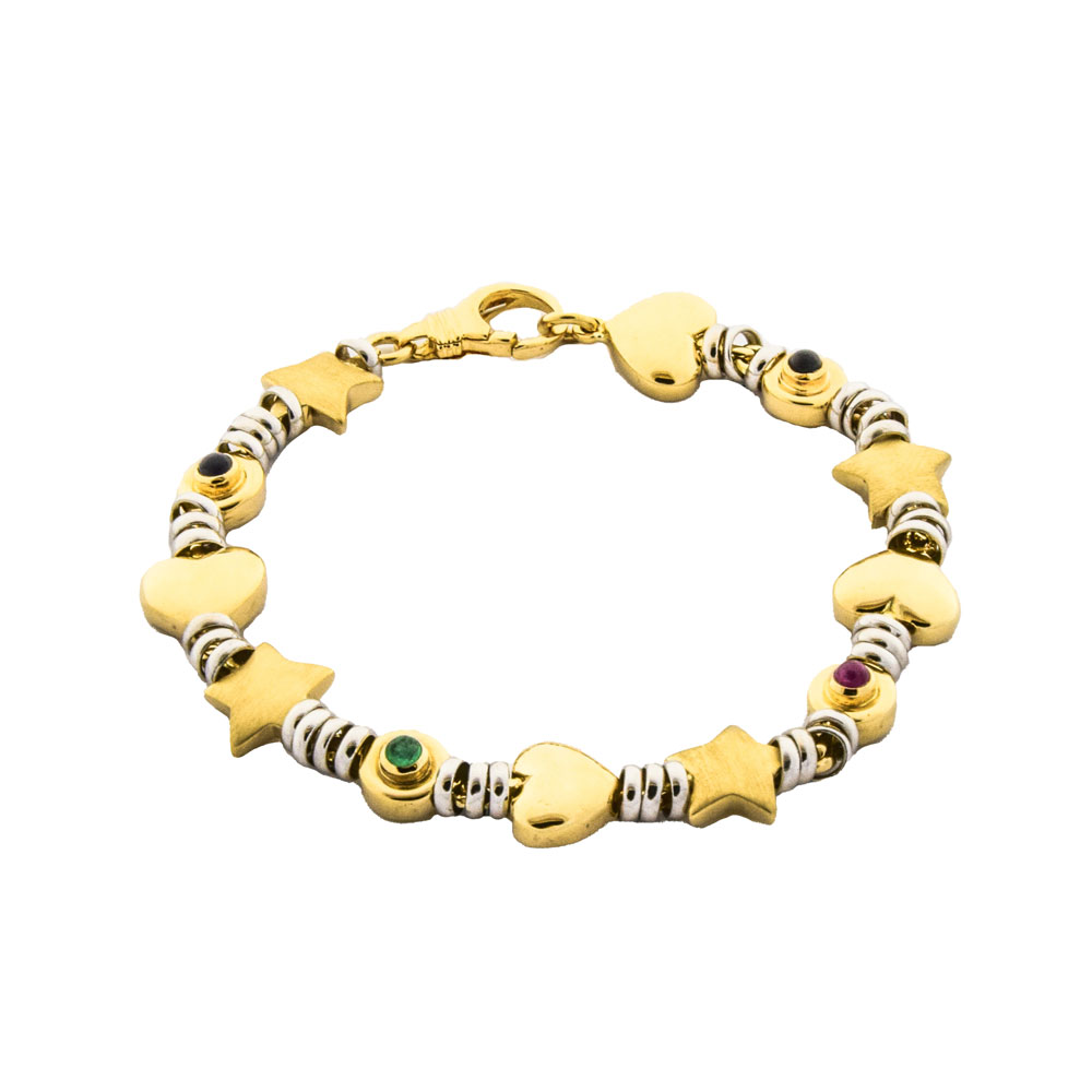 Armband aus 585 Gelb- und Weißgold mit Saphir, Rubin und Smaragd, nachhaltiger second hand Schmuck perfekt aufgearbeitet