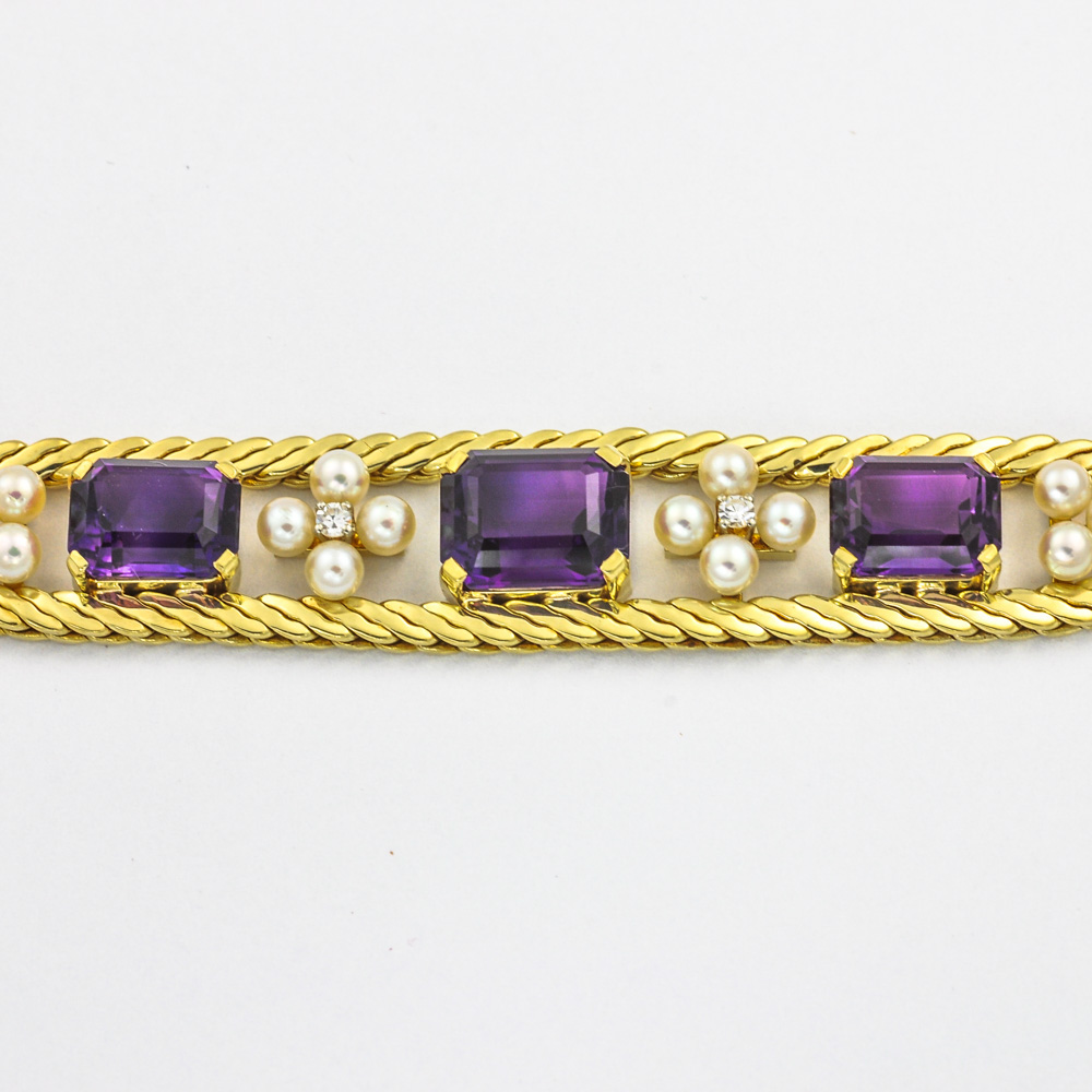 Armband aus 585 Gelbgold mit Amethyst, Perle und Diamant, nachhaltiger second hand Schmuck perfekt aufgearbeitet