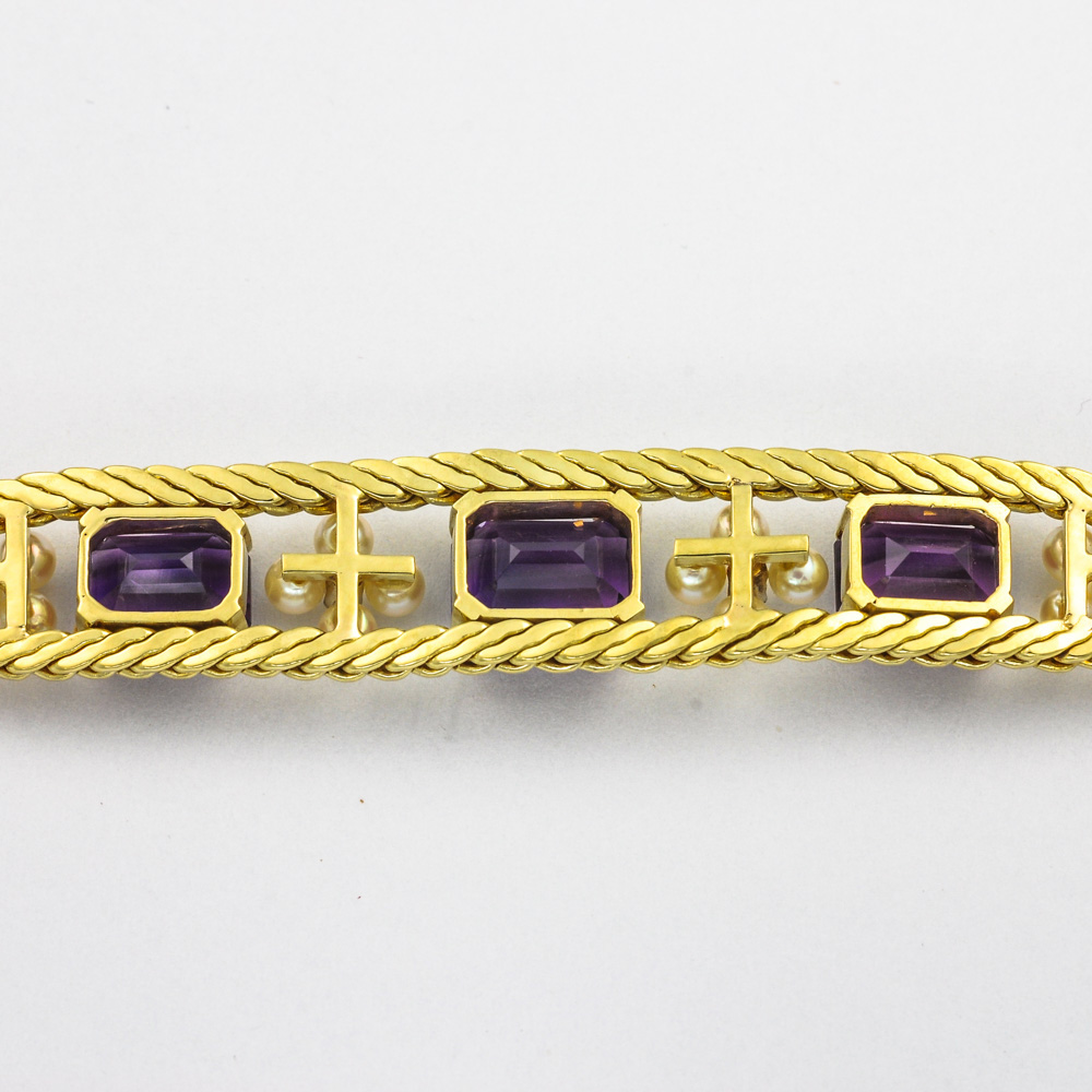 Armband aus 585 Gelbgold mit Amethyst, Perle und Diamant, nachhaltiger second hand Schmuck perfekt aufgearbeitet