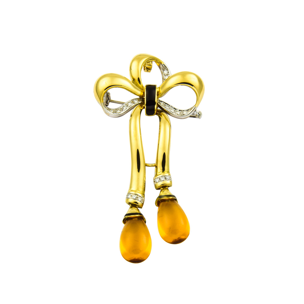 Anhänger/Brosche Schleife aus 750 Gelb- und Weißgold mit Citrin und Brillant, nachhaltiger second hand Schmuck perfekt aufgearbeitet