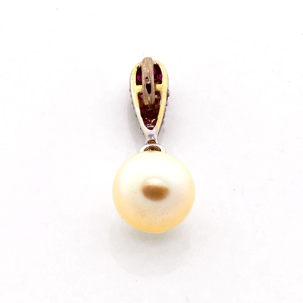 Perlenanhänger aus 585 Weißgold mit Rubin und Brillant, nachhaltiger second hand Schmuck perfekt aufgearbeitet