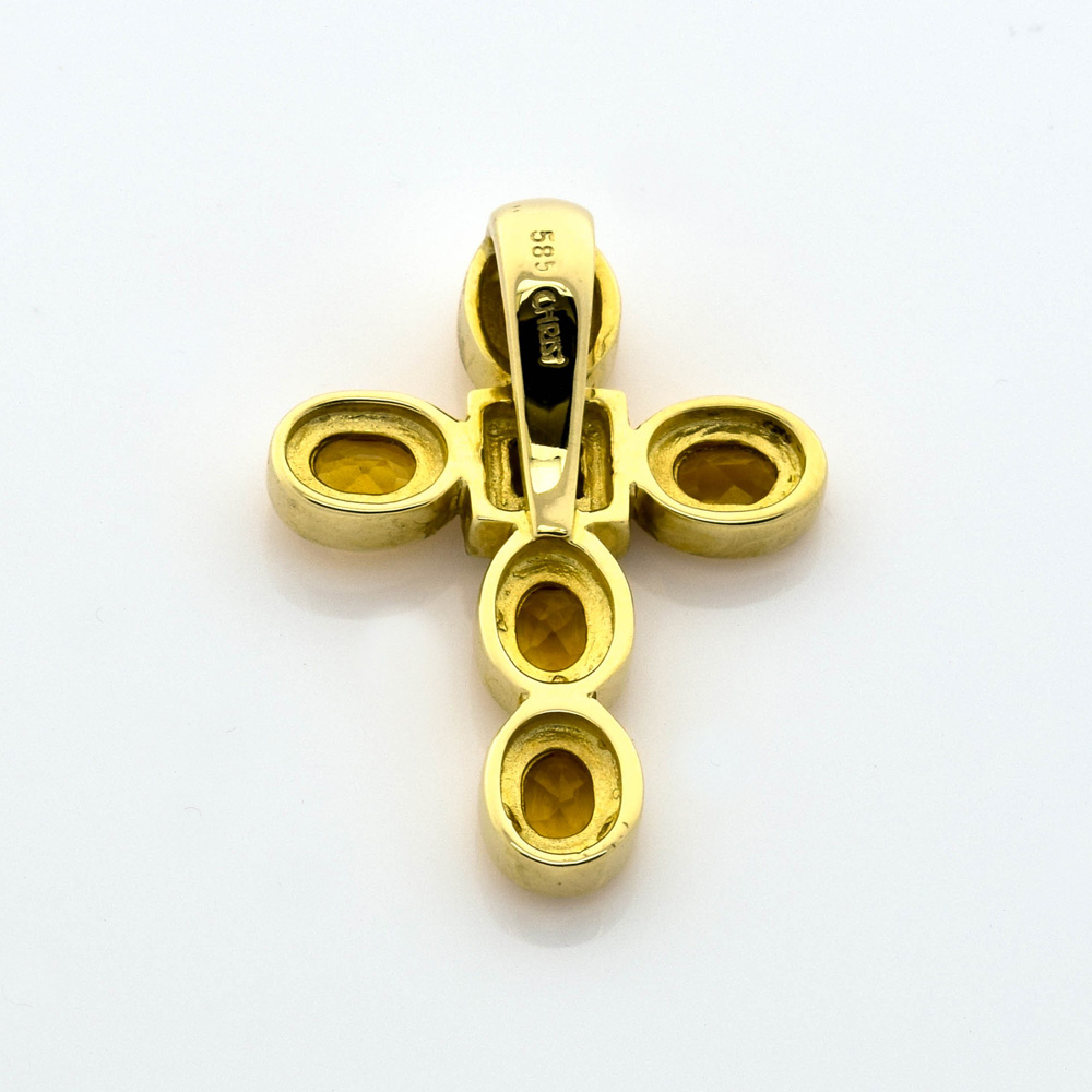 Christ Kreuzanhänger aus 585 Gelbgold mit Citrin und Rauchquarz, nachhaltiger second hand Schmuck perfekt aufgearbeitet