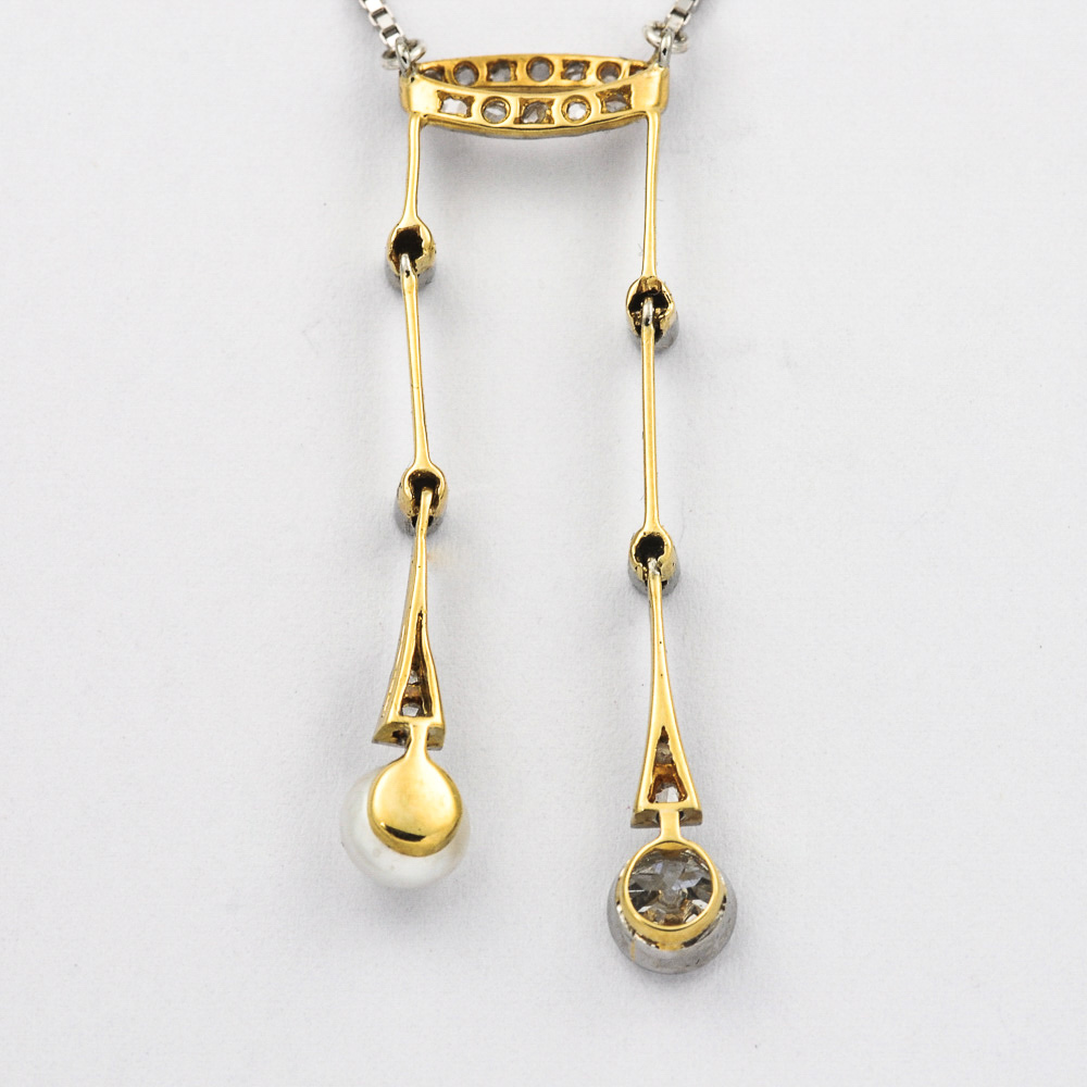 Collier aus 585 Gelb- und Weißgold mit Perle, Brillant und Diamant, 45 cm, hochwertiger second hand Schmuck perfekt aufgearbeitet