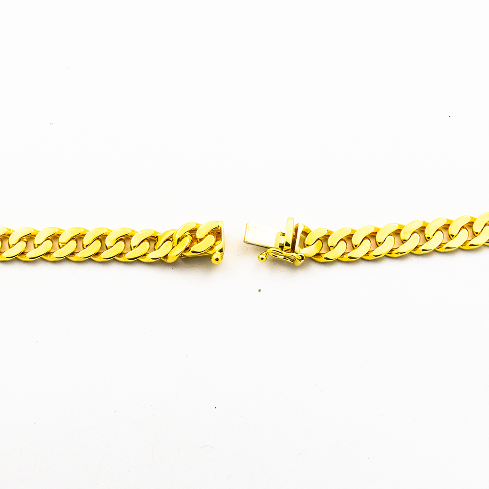 Flachpanzerkette aus 585 Gelbgold mit Saphir, nachhaltiger second hand Schmuck perfekt aufgearbeitet