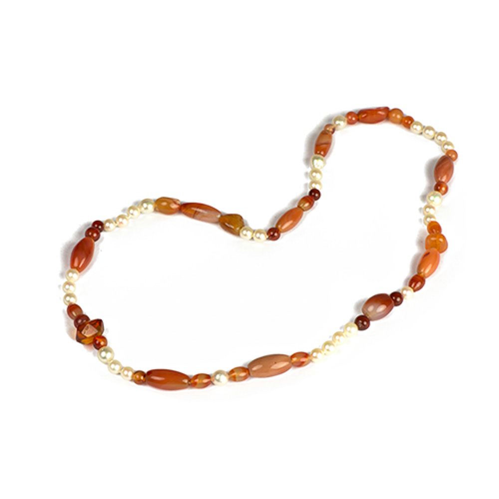 Halskette mit Achat, Perle und Bernstein, 69 cm, hochwertiger second hand Schmuck perfekt aufgearbeitet