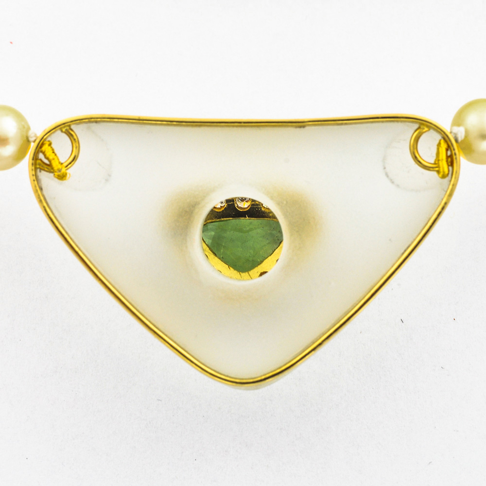 Perlenkette mit Schließe aus 585 Gelbgold, Bergkristall, Turmalin und Brillant, 44 cm, hochwertiger second hand Schmuck perfekt aufgearbeitet