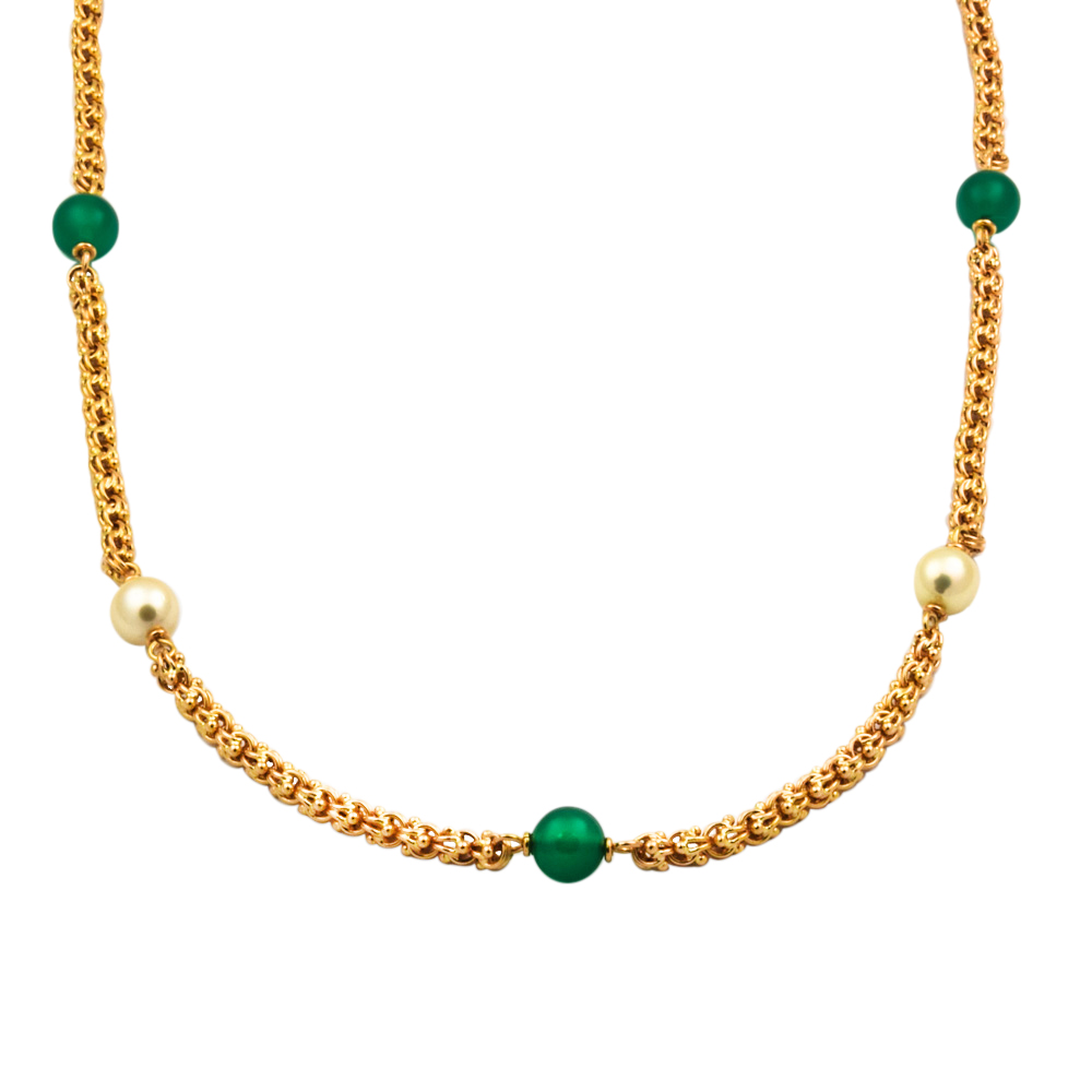 Halskette aus 750 Gelbgold mit Perle und Achat, nachhaltiger second hand Schmuck perfekt aufgearbeitet