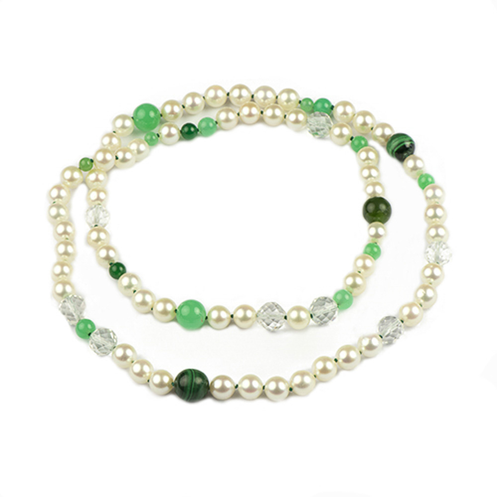 Halskette mit Perle, Malachit und Chrysopras, 77 cm, hochwertiger second hand Schmuck perfekt aufgearbeitet