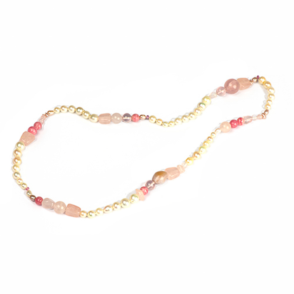 Halskette mit Perle, Rosenquarz und Rhodochrosit, 70 cm, hochwertiger second hand Schmuck perfekt aufgearbeitet