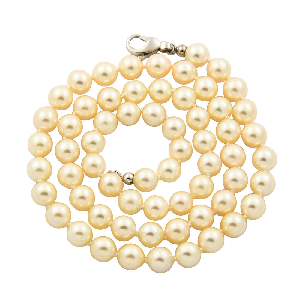 Perlenkette mit Karabiner aus 585 Weißgold, nachhaltiger second hand Schmuck perfekt aufgearbeitet