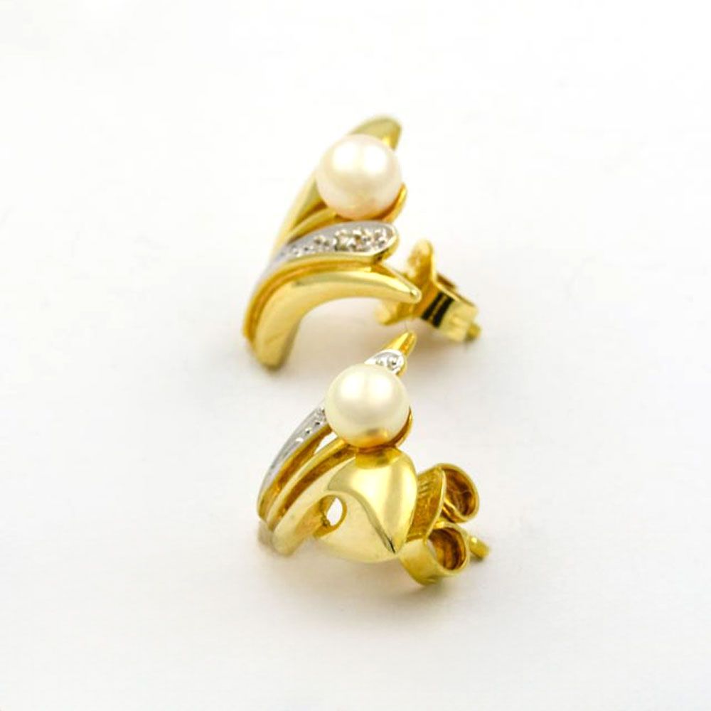 Perlenohrstecker aus 585 Gelb- und Weißgold mit Diamant, nachhaltiger second hand Schmuck perfekt aufgearbeitet
