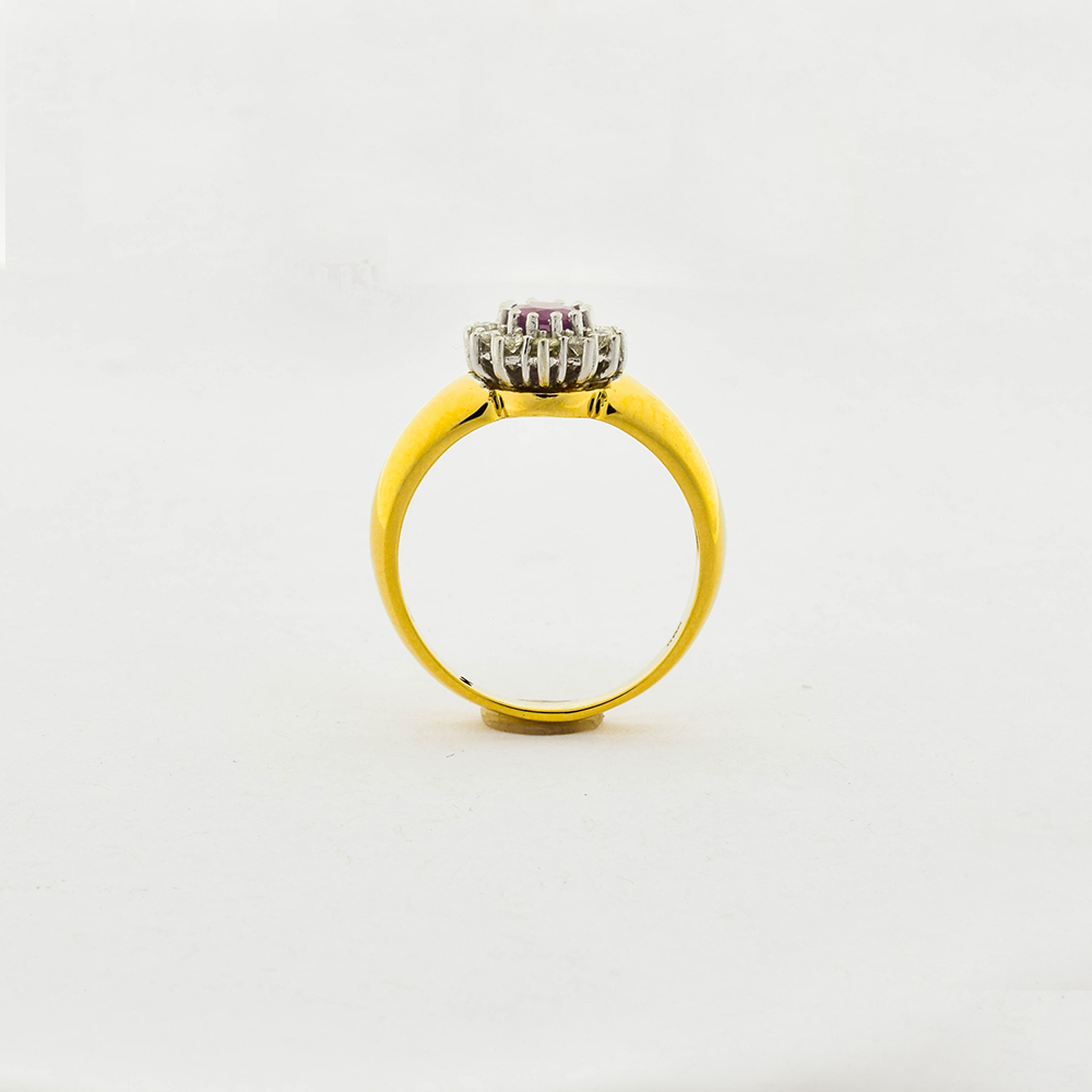 Entourage-Ring aus 585 Gelb- und Weißgold mit Rubin und Diamant, nachhaltiger second hand Schmuck perfekt aufgearbeitet