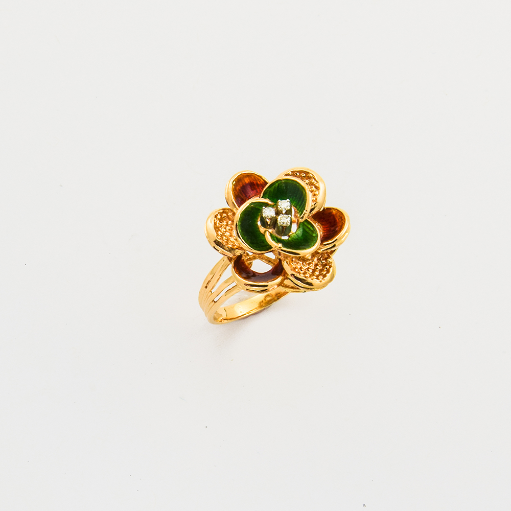 Ring Blume aus 750 Gelb- und Weißgold mit Diamant, nachhaltiger second hand Schmuck perfekt aufgearbeitet