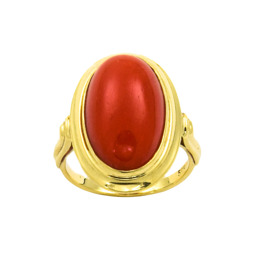 Ring aus 585 Gelbgold mit Koralle, nachhaltiger second hand Schmuck perfekt aufgearbeitet