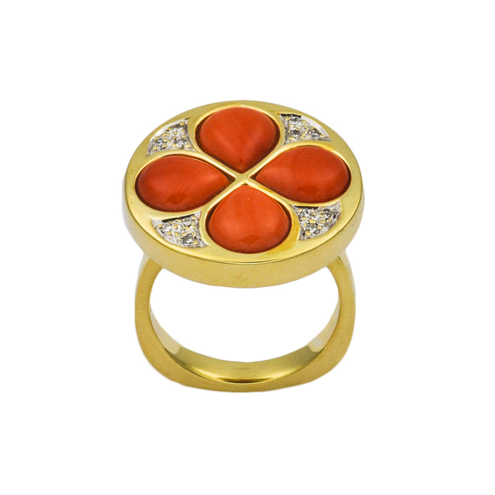 Ring aus 585 Gelbgold mit Koralle und Diamant, hochwertiger second hand Schmuck perfekt aufgearbeitet