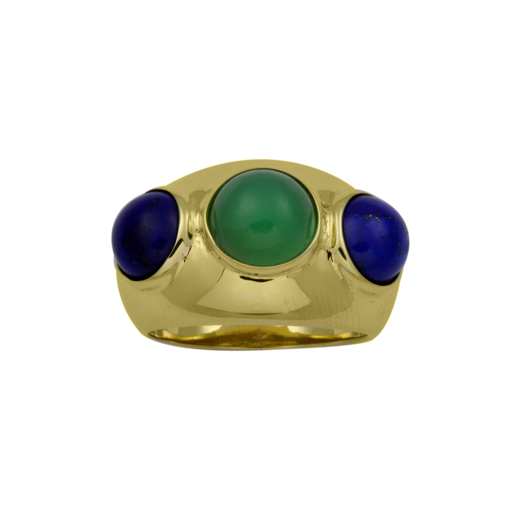 Ring aus 585 Gelbgold mit Lapislazuli und Chrysopras, hochwertiger second hand Schmuck perfekt aufgearbeitet