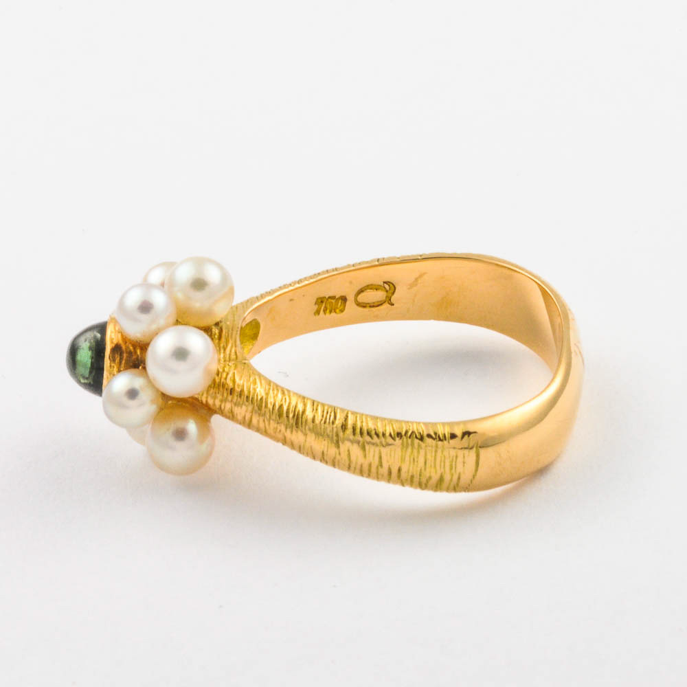 Ring aus 750 Gelbgold mit Perle und Turmalin, hochwertiger second hand Schmuck perfekt aufgearbeitet