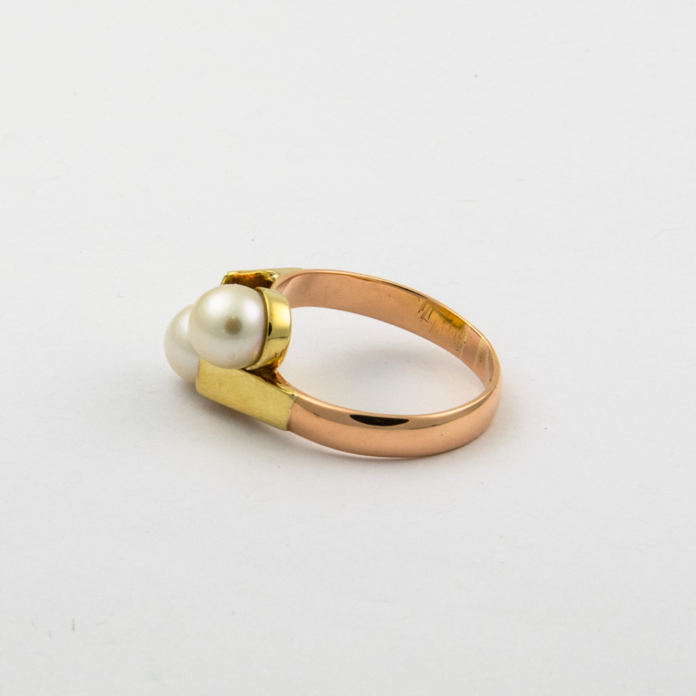 Ring aus 585 Gelb- und Roségold mit Perle, nachhaltiger second hand Schmuck perfekt aufgearbeitet