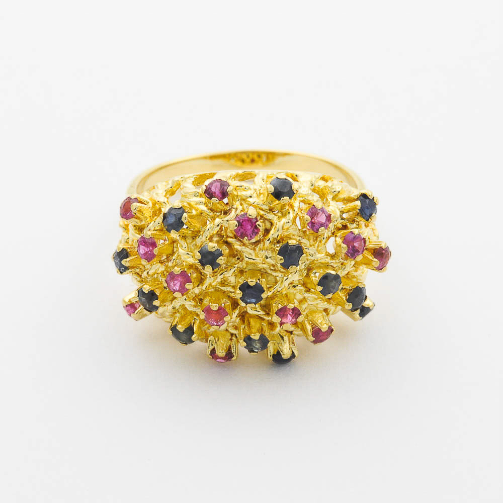 Ring aus 750 Gelbgold mit Rubin und Saphir, hochwertiger second hand Schmuck perfekt aufgearbeitet