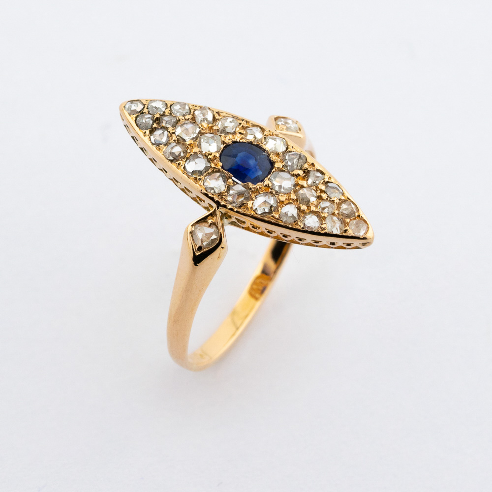 Ring aus 585 Gelbgold mit Saphir und Diamant, 19. Jahrhundert, nachhaltiger second hand Schmuck perfekt aufgearbeitet