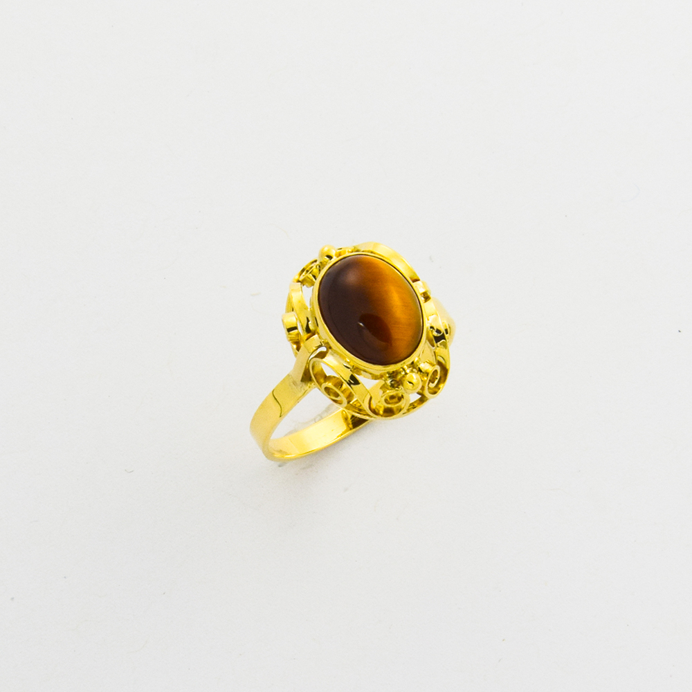Ring aus 585 Gelbgold mit Tigerauge, nachhaltiger second hand Schmuck perfekt aufgearbeitet