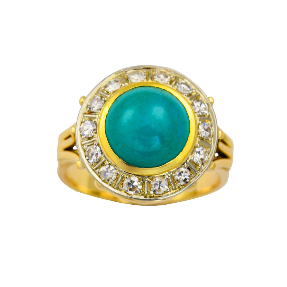 Ring aus 585 Gelbgold mit Türkis und Diamant, nachhaltiger second hand Schmuck perfekt aufgearbeitet