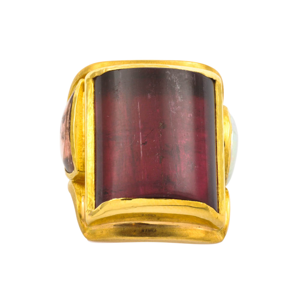 Ring aus 900 Gelbgold mit Turmalin und Perle, hochwertiger second hand Schmuck perfekt aufgearbeitet