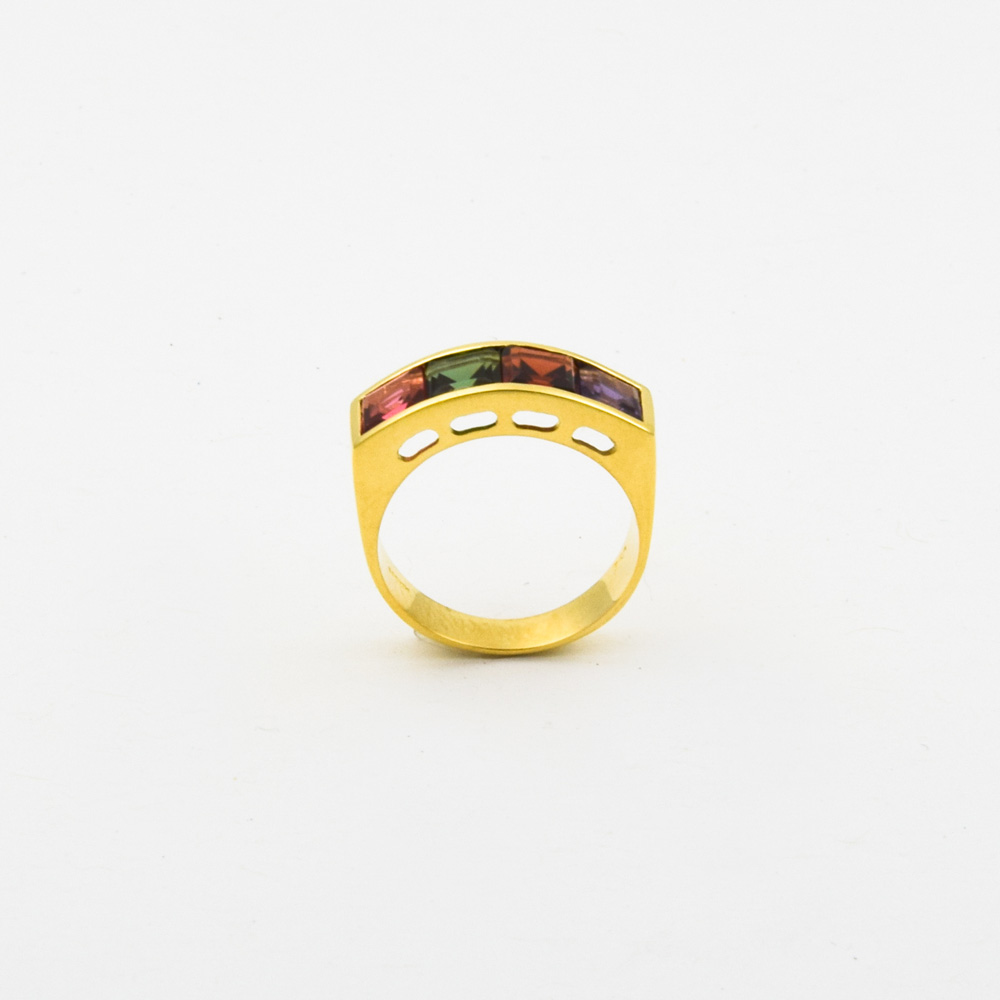 Ring aus 750 Gelbgold mit Turmalin, Granat und Amethyst, nachhaltiger second hand Schmuck perfekt aufgearbeitet