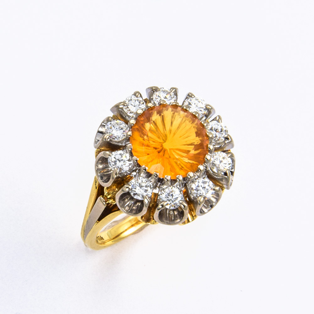 Ring aus 750 Gelb- und Weißgold mit Citrin und Brillant, nachhaltiger second hand Schmuck perfekt aufgearbeitet