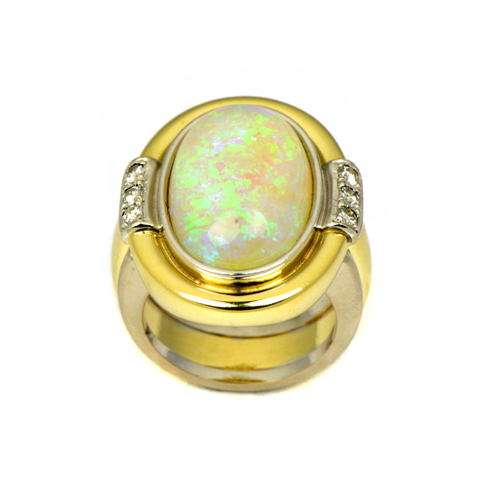 Ring aus 585 Gelb- und Weißgold mit Opal und Brillant, hochwertiger second hand Schmuck perfekt aufgearbeitet