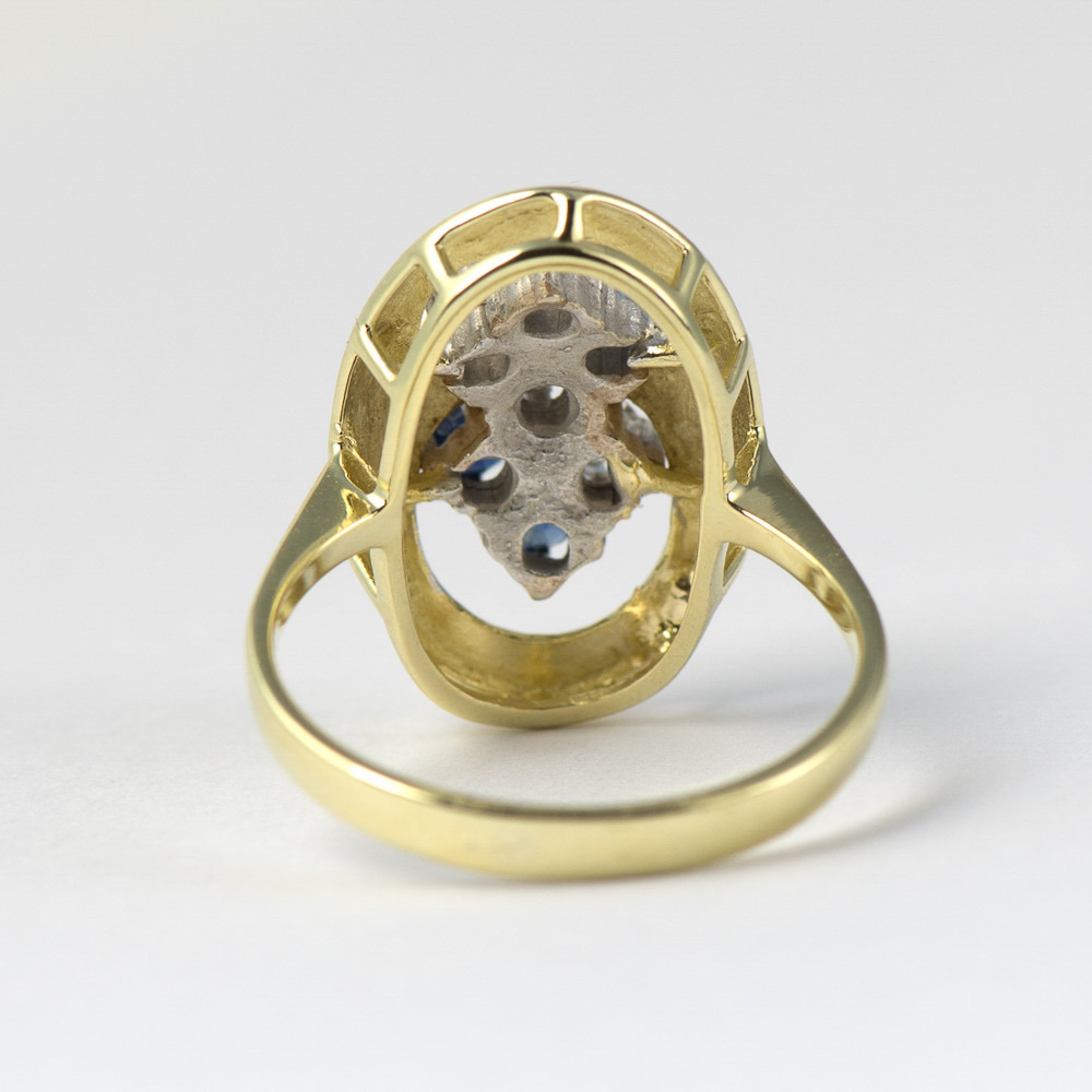 Ring aus 585 Gelb- und Weißgold mit Saphir und Diamant, hochwertiger second hand Schmuck perfekt aufgearbeitet