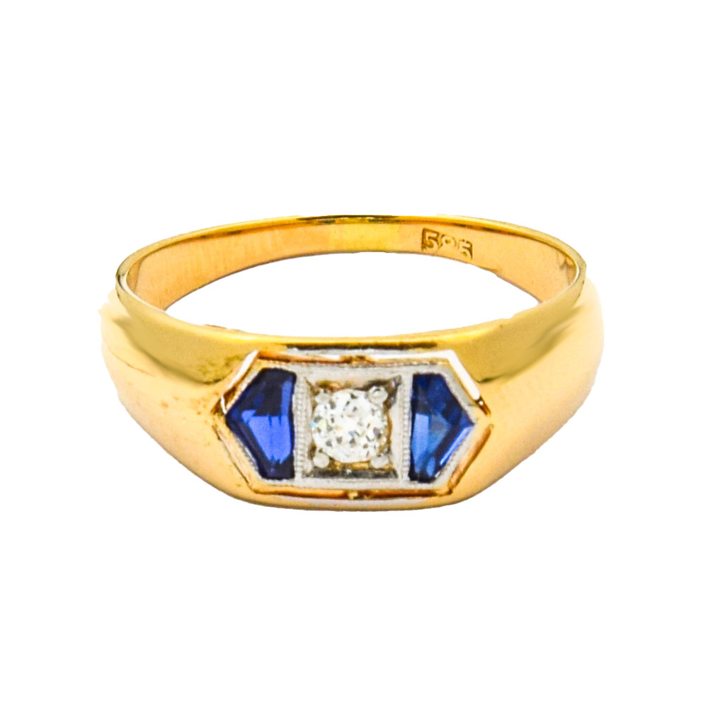 Ring aus 585 Gelb- und Weißgold mit synth. Stein und Diamant, nachhaltiger second hand Schmuck perfekt aufgearbeitet
